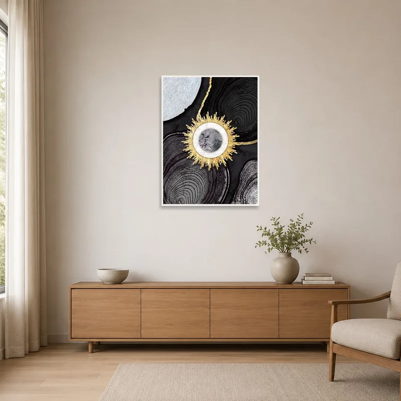 Golden Sunburst Geometric Art Print against a simple white wall in a minimalist setting.