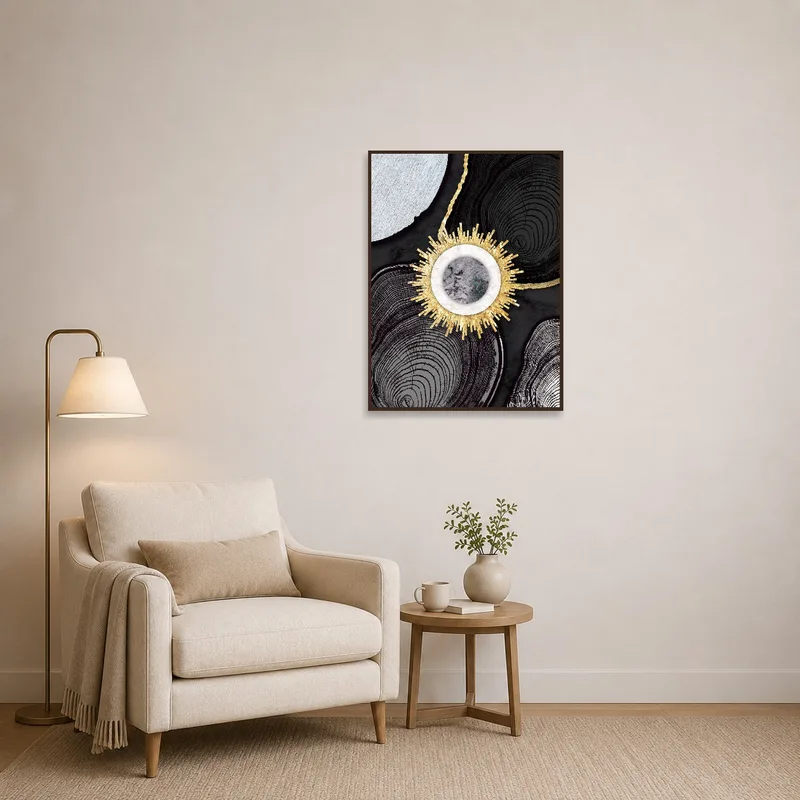 Golden Sunburst Geometric Art Print creating a focal point in a cozy reading corner.