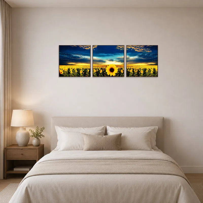 A bedroom decorated with the 'Golden Sunflower Fields at Dusk Triptych Set', offering a serene, nature-inspired vibe.