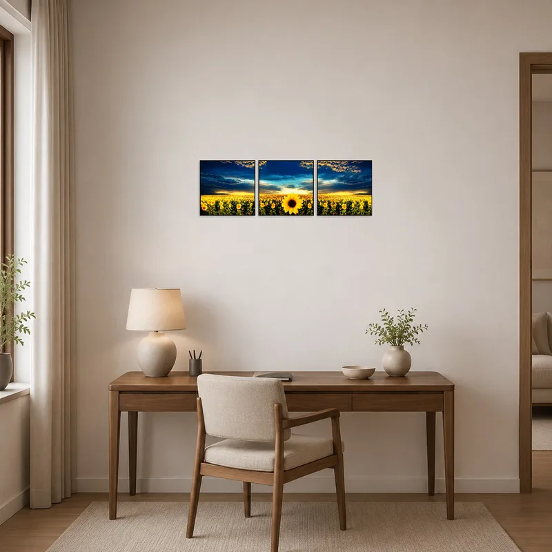 A home office showing the 'Golden Sunflower Fields at Dusk Triptych Set', invigorating the workspace.