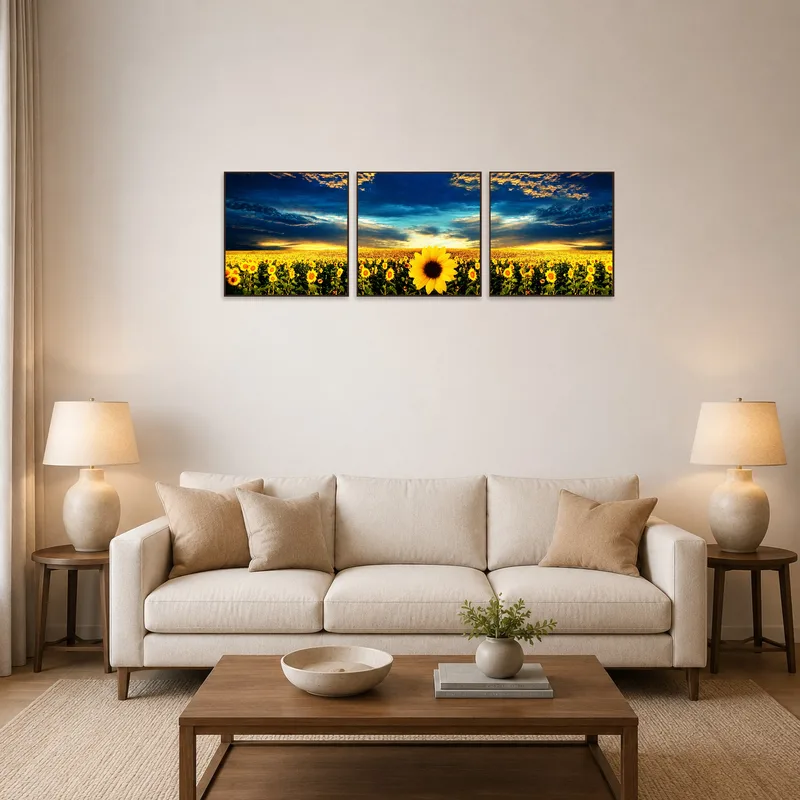 A living room with 'Golden Sunflower Fields at Dusk Triptych Set' on the wall, adding warmth and color.