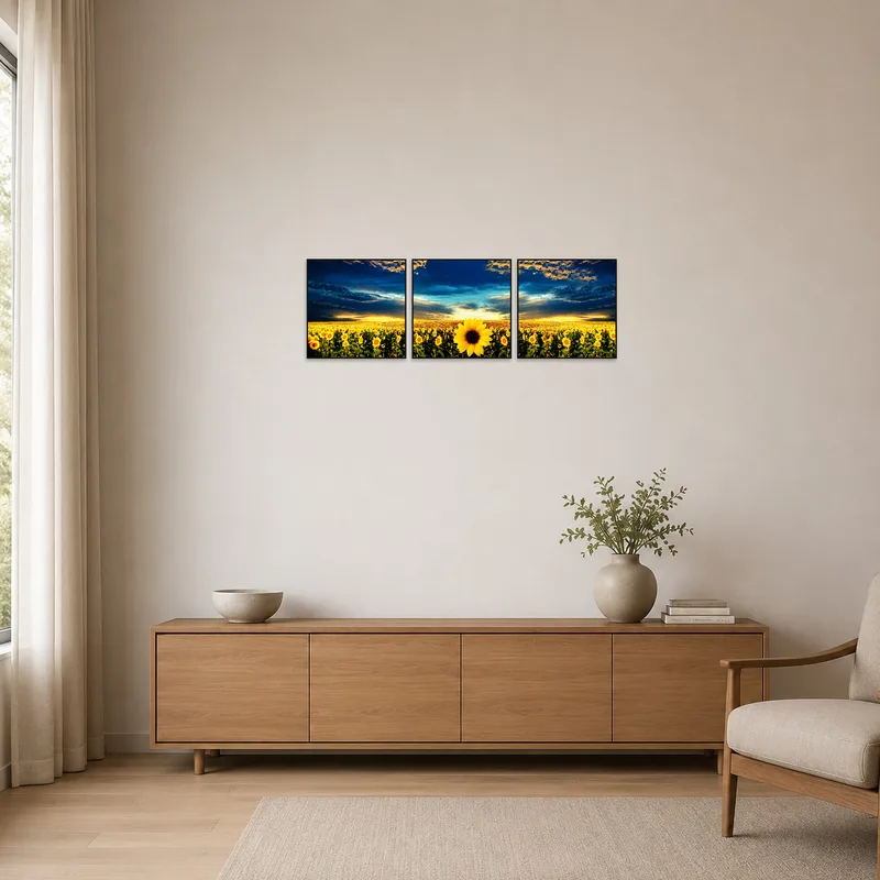 A minimalist room featuring the 'Golden Sunflower Fields at Dusk Triptych Set', enhancing the simple aesthetic.