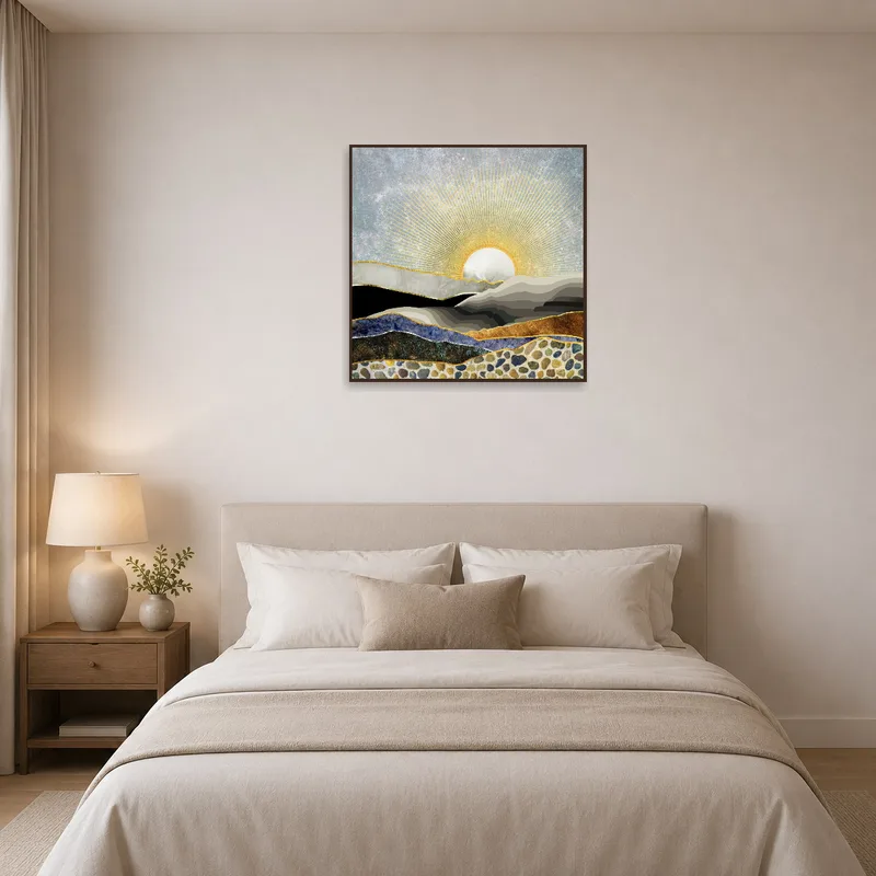 Bedroom wall adorned with a serene golden sunrise over abstract mountain forms.