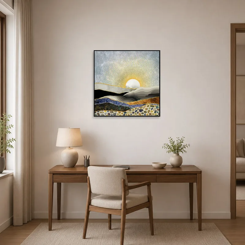 Home office accented by art of a golden sunrise over creatively abstract mountains.