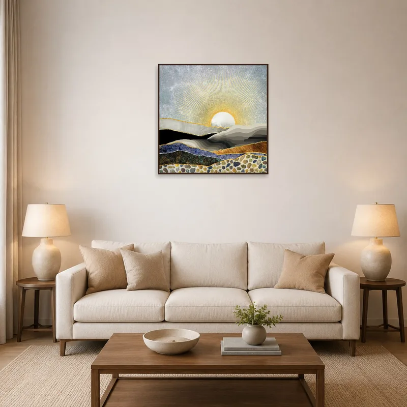 Living room with a large art piece of a golden sunrise over abstract mountains on the wall.