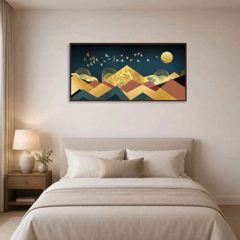 A bedroom showcasing a sunset casting gold hues on geometric peaks.