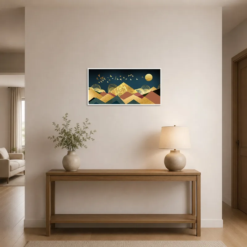 An entrance hall highlighting a sunset scene over stylized mountains.