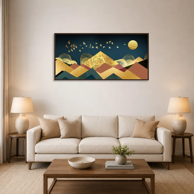 A living room with a wall piece of a golden sunset over geometric mountains.
