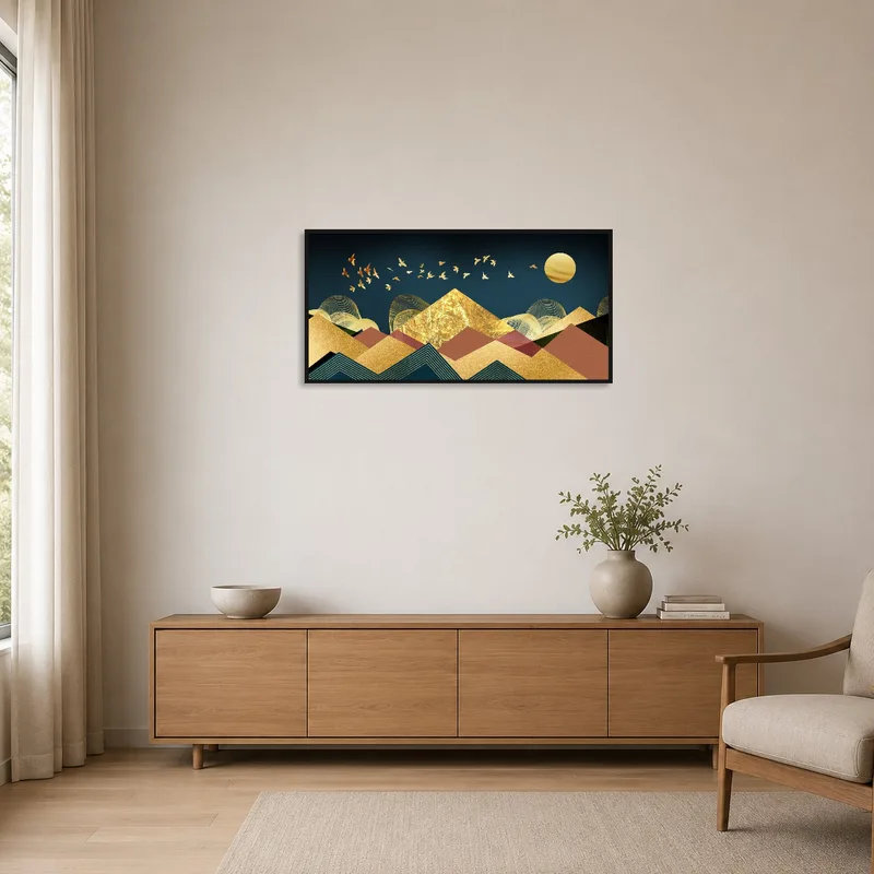 A minimalist space featuring art of a golden sunset above abstract mountains.