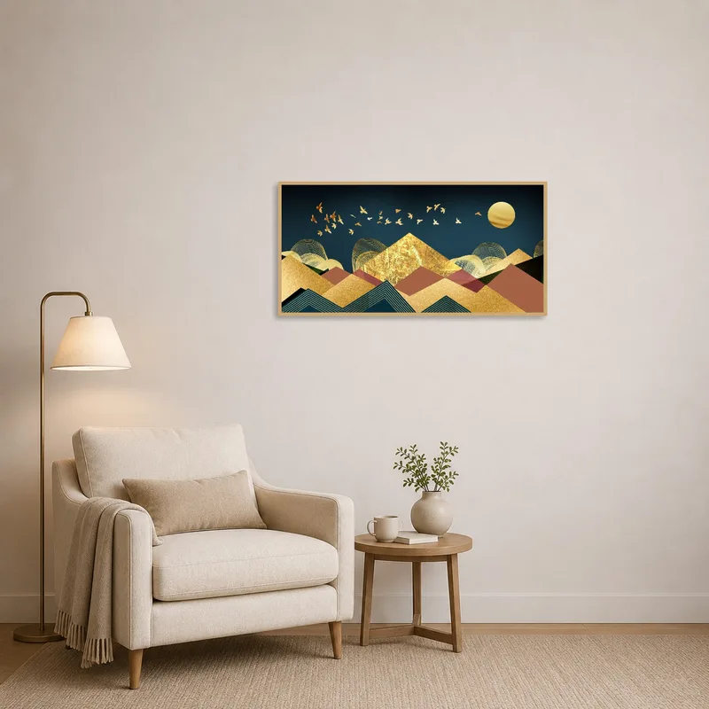 A reading corner adorned with mountain art under a golden sunset.