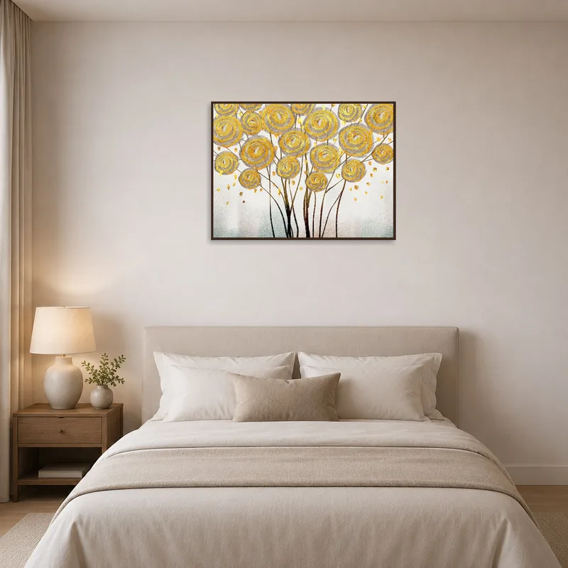 Bedroom with abstract botanical art in gold hues enhancing a relaxing ambiance.