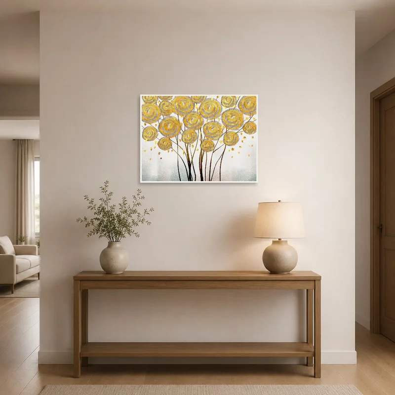 Entrance hall featuring golden swirl botanical artwork welcoming you inside.