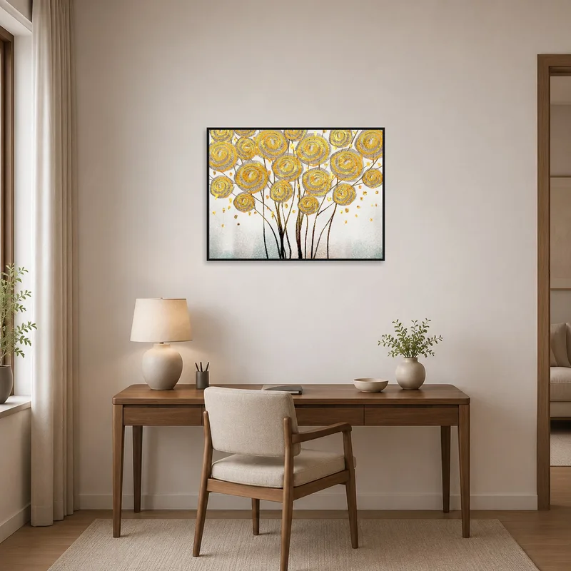 Home office featuring vibrant golden botanical art behind a modern desk setup.