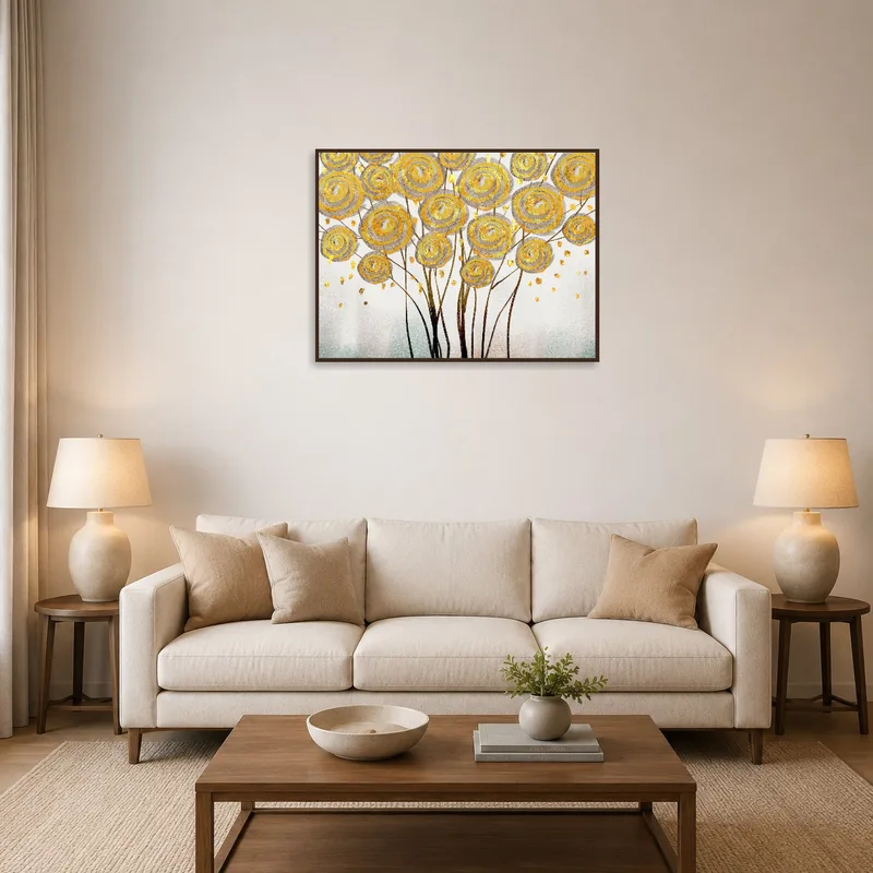 Golden swirl botanical abstract art on living room wall above a sleek modern sofa.