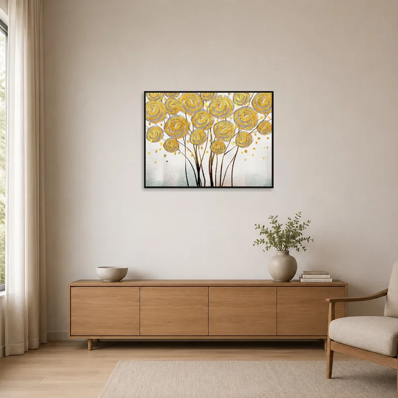 Minimalist room with golden botanical art as the focal point on a plain white wall.