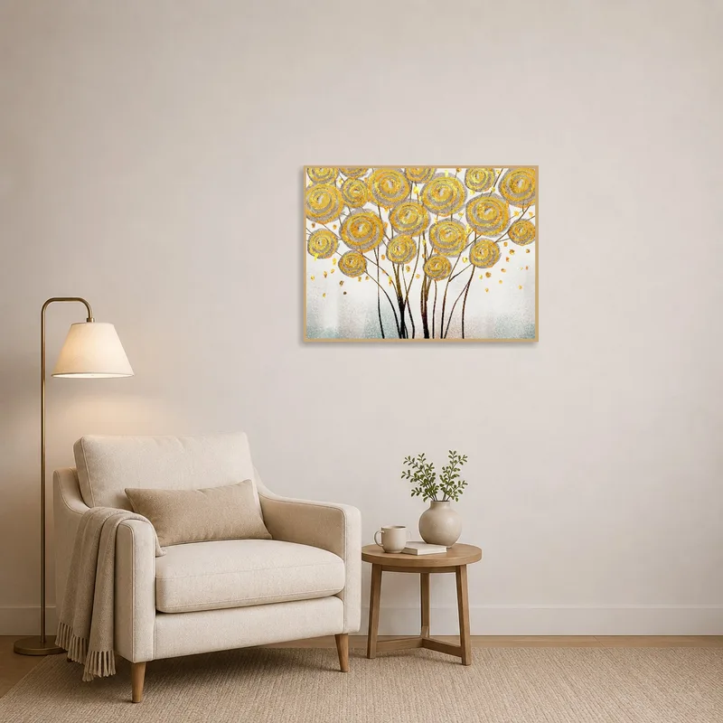 Reading corner adorned with golden swirl botanical print, creating a cozy nook.