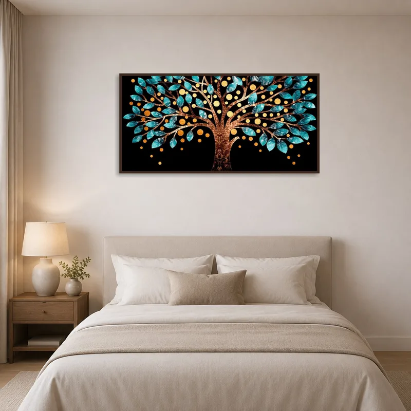 Bedroom showcasing a calming golden and teal abstract tree art.