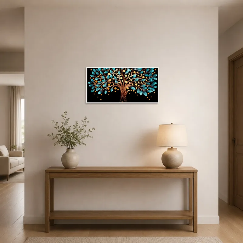 Entrance hall featuring golden and teal abstract tree art.