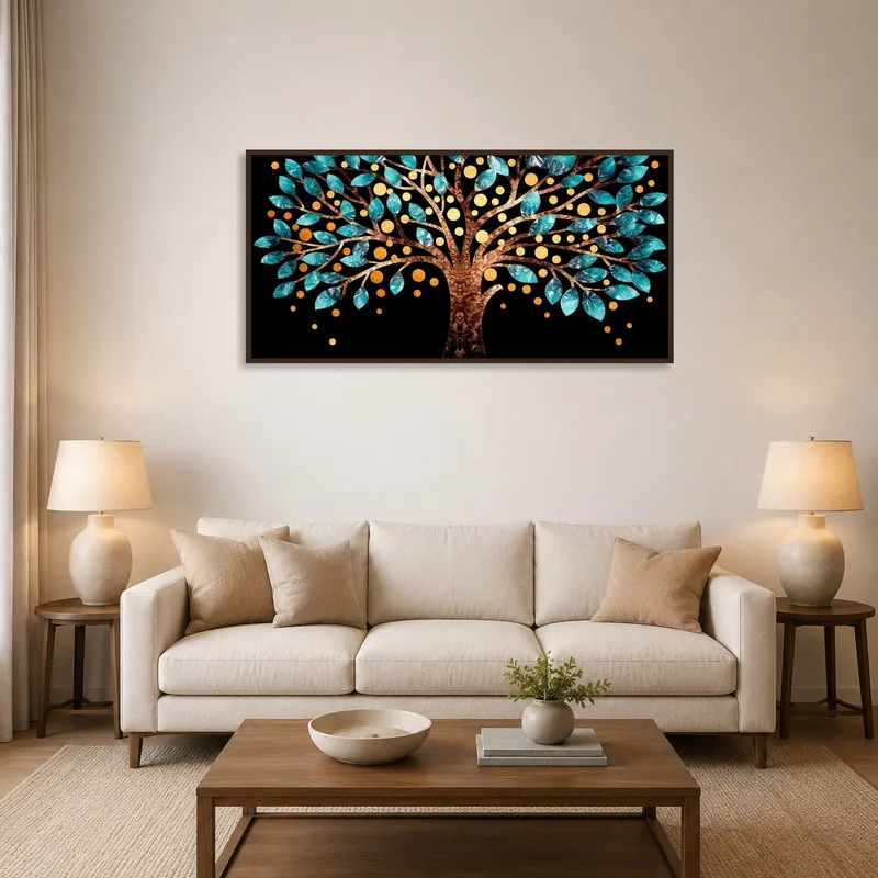 Panoramic art of golden and teal abstract tree in a cozy living room setting.