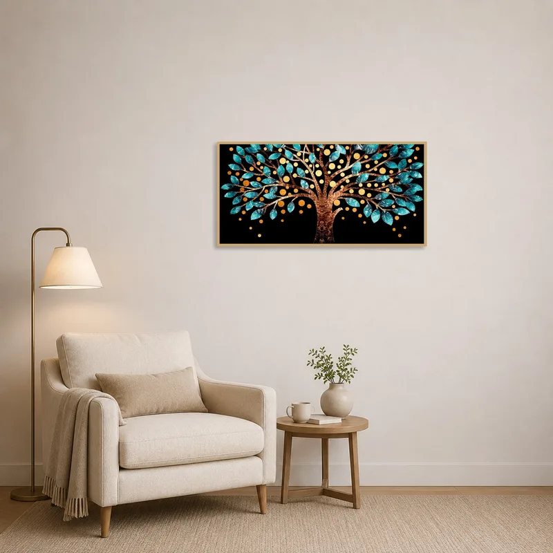Reading corner enhanced by a golden and teal abstract tree art piece.