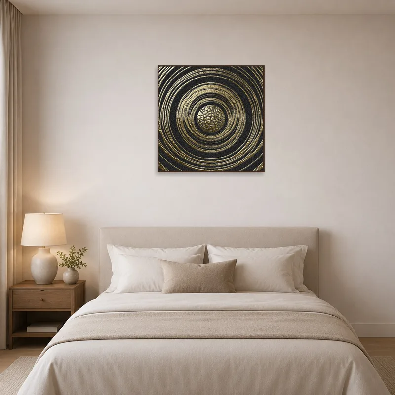 Bedroom adorned with a calming golden circle design for a serene ambiance.