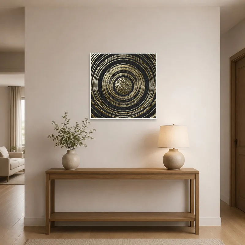 Entrance hall featuring a striking golden circle design, creating a welcoming vibe.