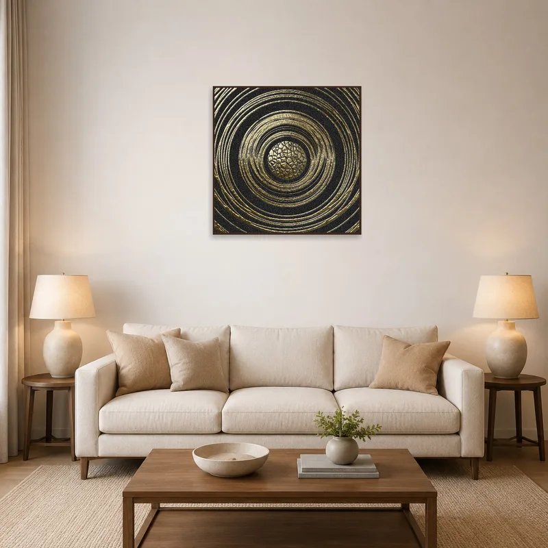 Golden concentric circle art in a cozy living room, adding warmth and elegance.