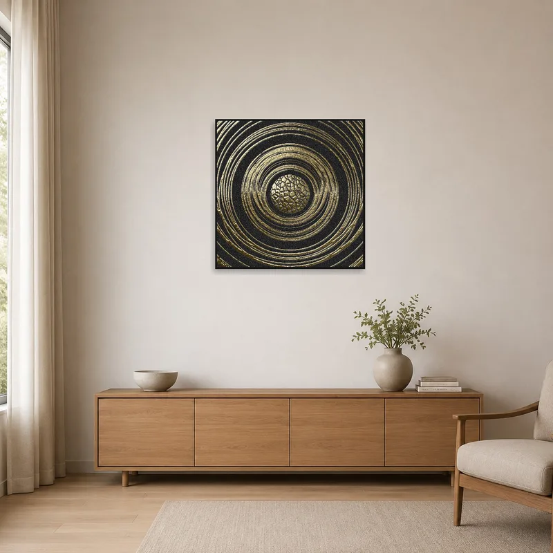 Subtle golden circle design complements minimalist space with a touch of luxury.
