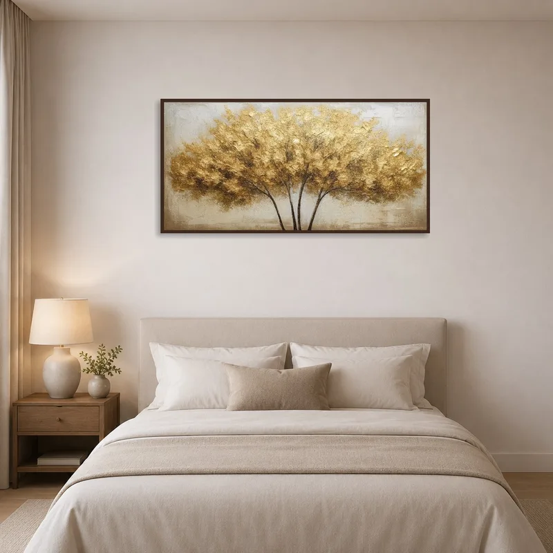 Bedroom wall featuring an abstract background with a golden textured tree.
