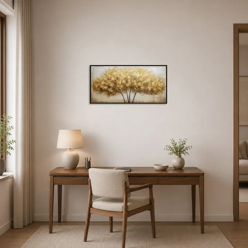 Golden textured tree with an abstract backdrop enhances the home office decor.