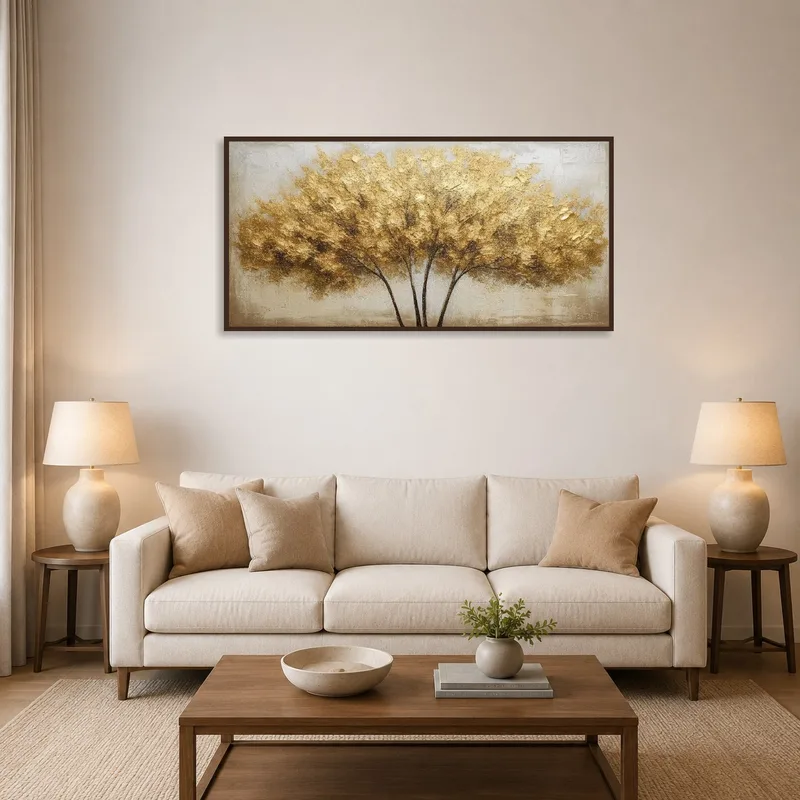 A golden textured tree against an abstract background adorns the living room wall.