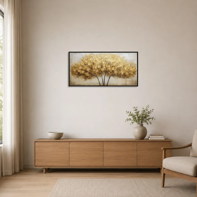 Minimalist space featuring a golden textured tree on an abstract backdrop.