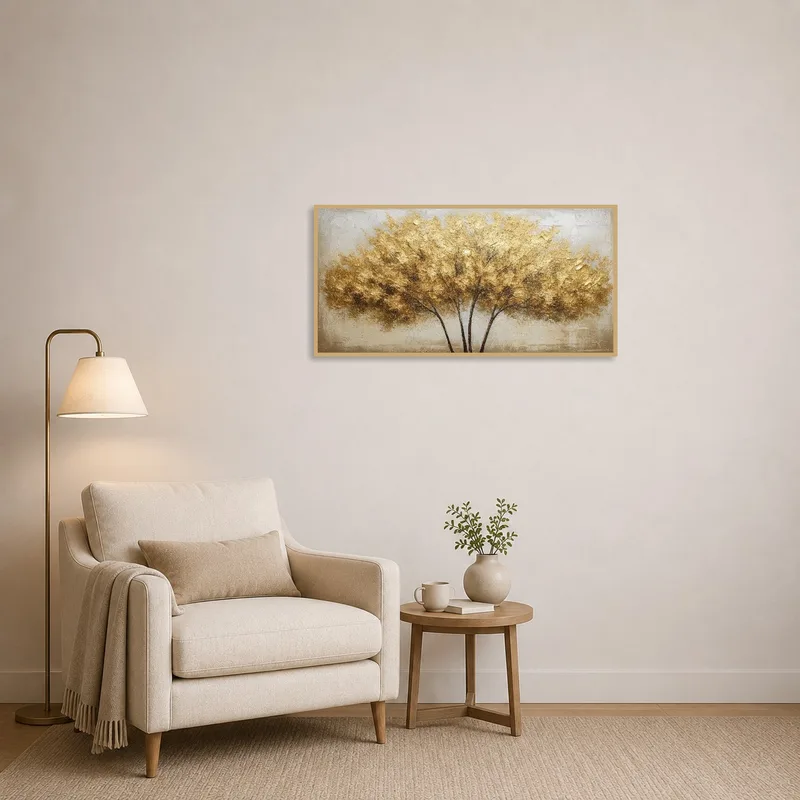 Reading corner displaying a golden textured tree with an abstract background.