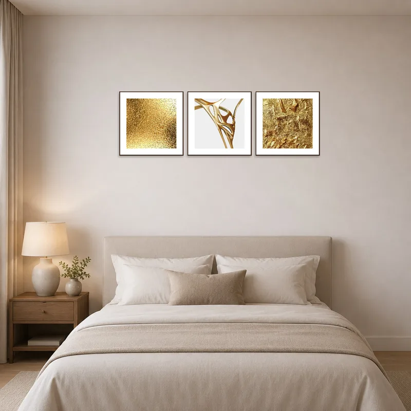 Bedroom showcases a luxurious golden abstract triptych set adding warmth and elegance.