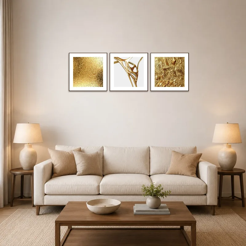 Golden abstract triptych set adorns a cozy living room wall above a modern sofa.