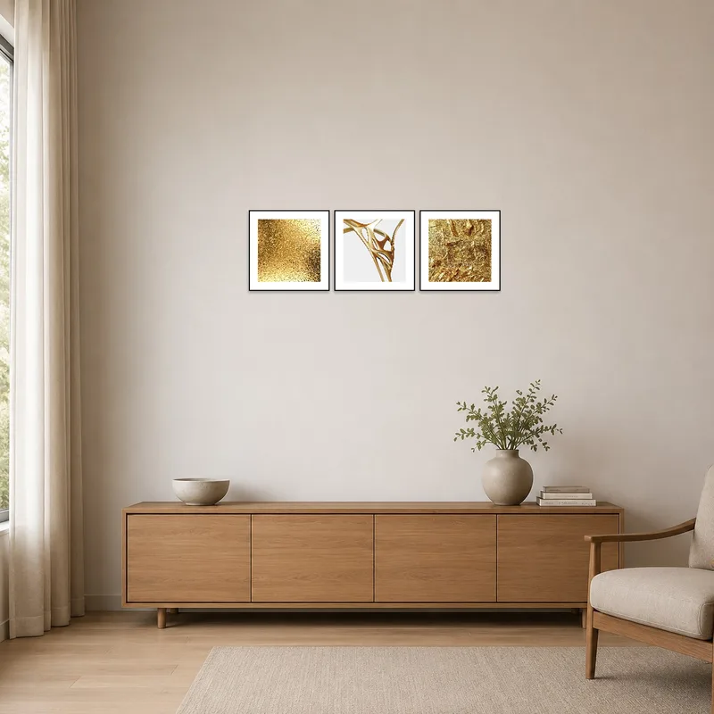 Minimalist room featuring a striking golden abstract triptych set on a clean, white wall.