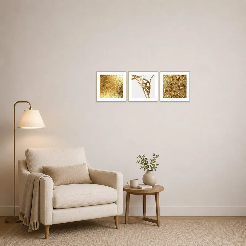 Reading corner with a vibrant golden abstract triptych set enhancing the serenity of the space.