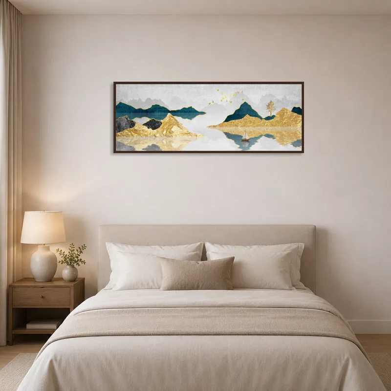Golden tranquility adorns the bedroom above the bed.