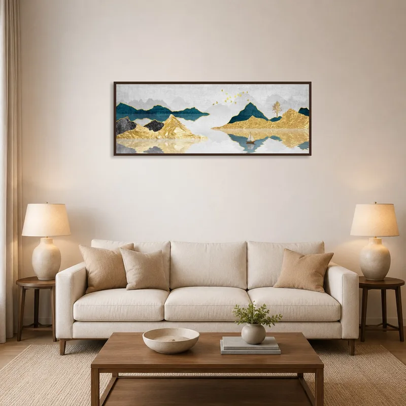 Golden landscape art brings warmth above a modern sofa.