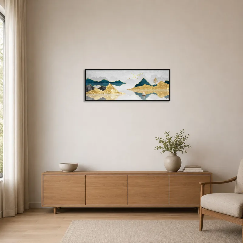 Panoramic landscape adds elegance to a minimalist space.