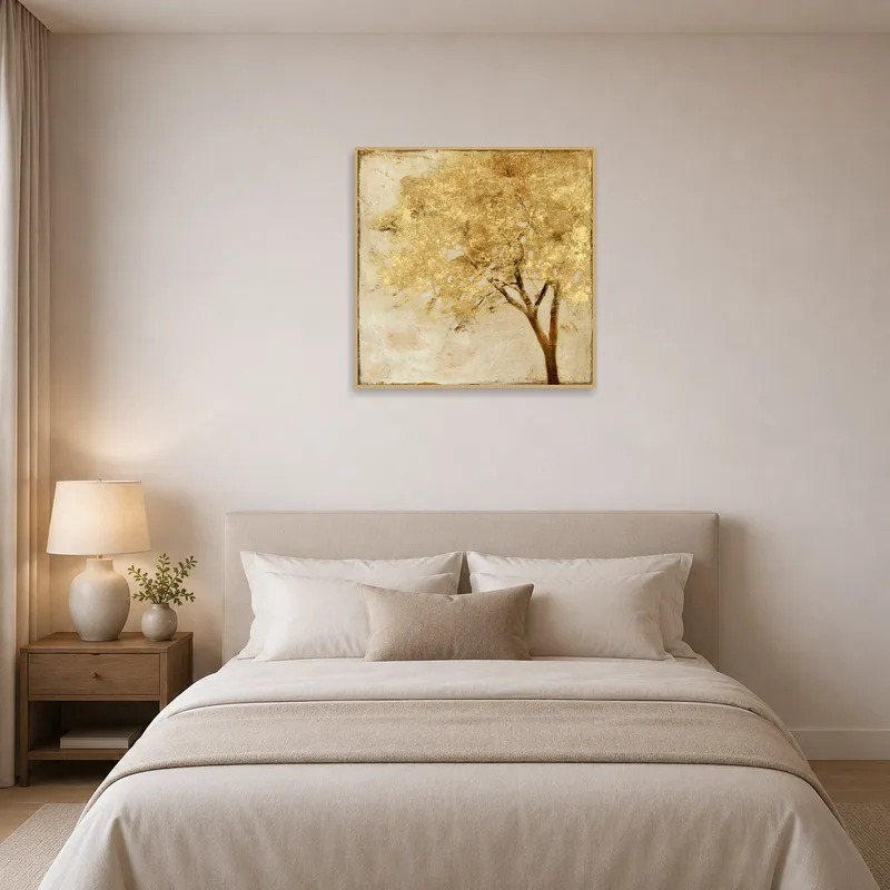 Golden Tree Abstract art print adding elegance to a serene bedroom setting.