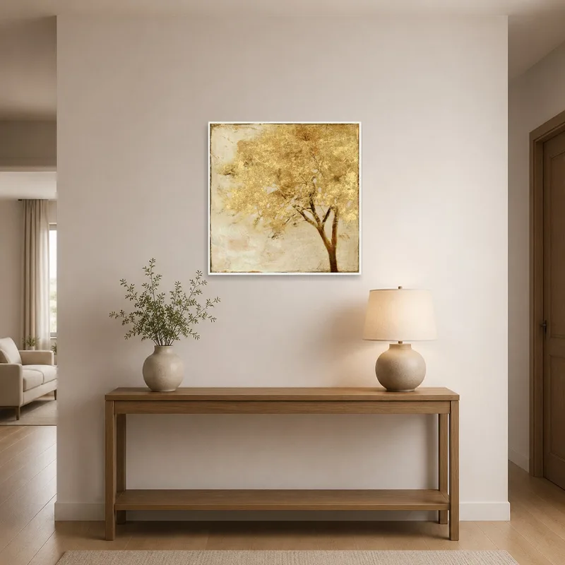 Golden Tree Abstract art print welcoming guests in a chic entrance hall.