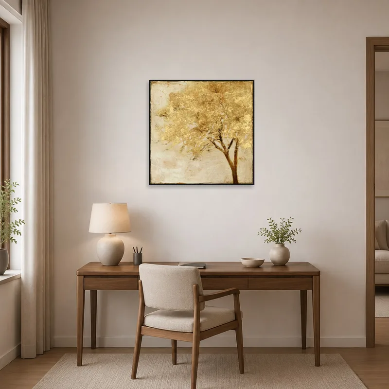 Golden Tree Abstract art print bringing inspiration to a stylish home office.