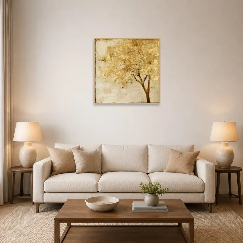 Golden Tree Abstract art print on a living room wall with modern furniture.