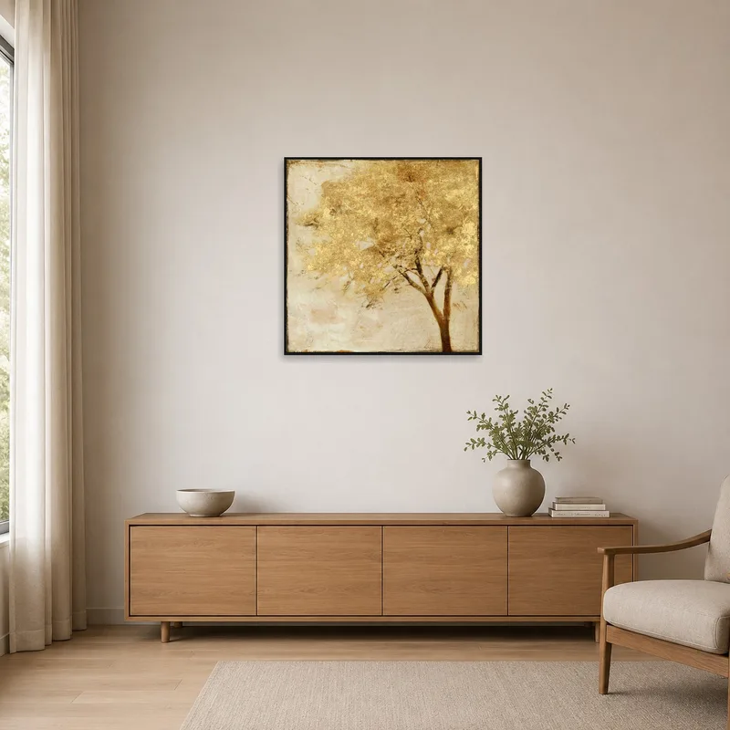 Golden Tree Abstract art print adorning a minimalist, clutter-free room.
