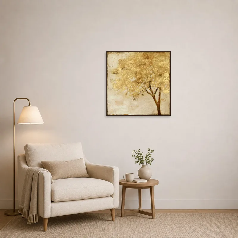 Golden Tree Abstract art print enhancing a cozy reading corner nook.