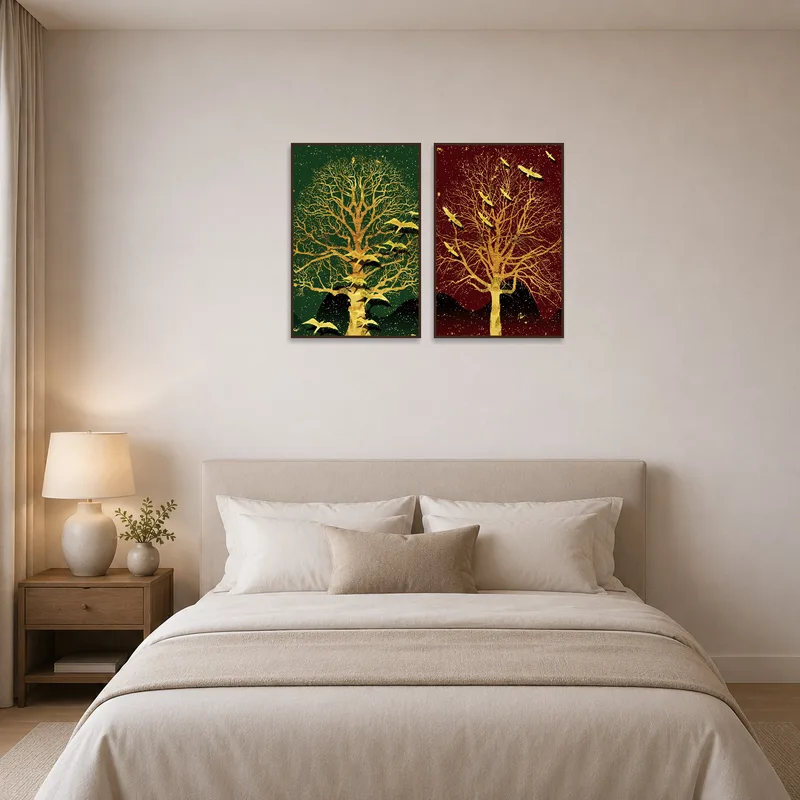 Golden tree and bird silhouettes complement the calming decor in a serene bedroom.