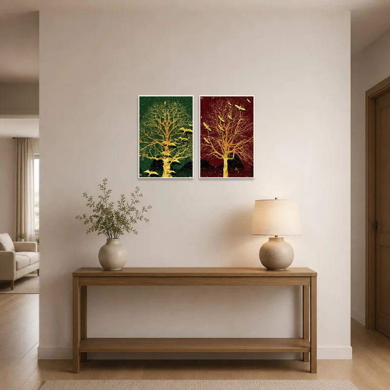 Silhouette art of trees and birds greets guests in the entrance hall near a sleek console.