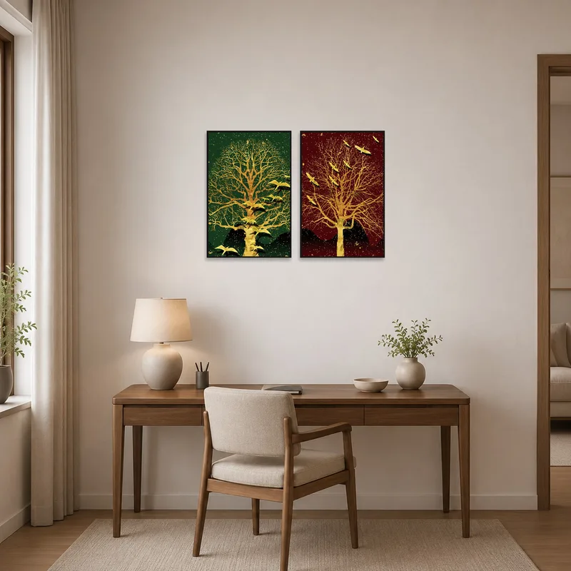 Golden tree and bird silhouettes create a stylish backdrop in a tidy home office.