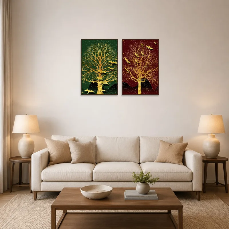 Golden tree and bird silhouettes adorn a living room wall above a modern sofa.
